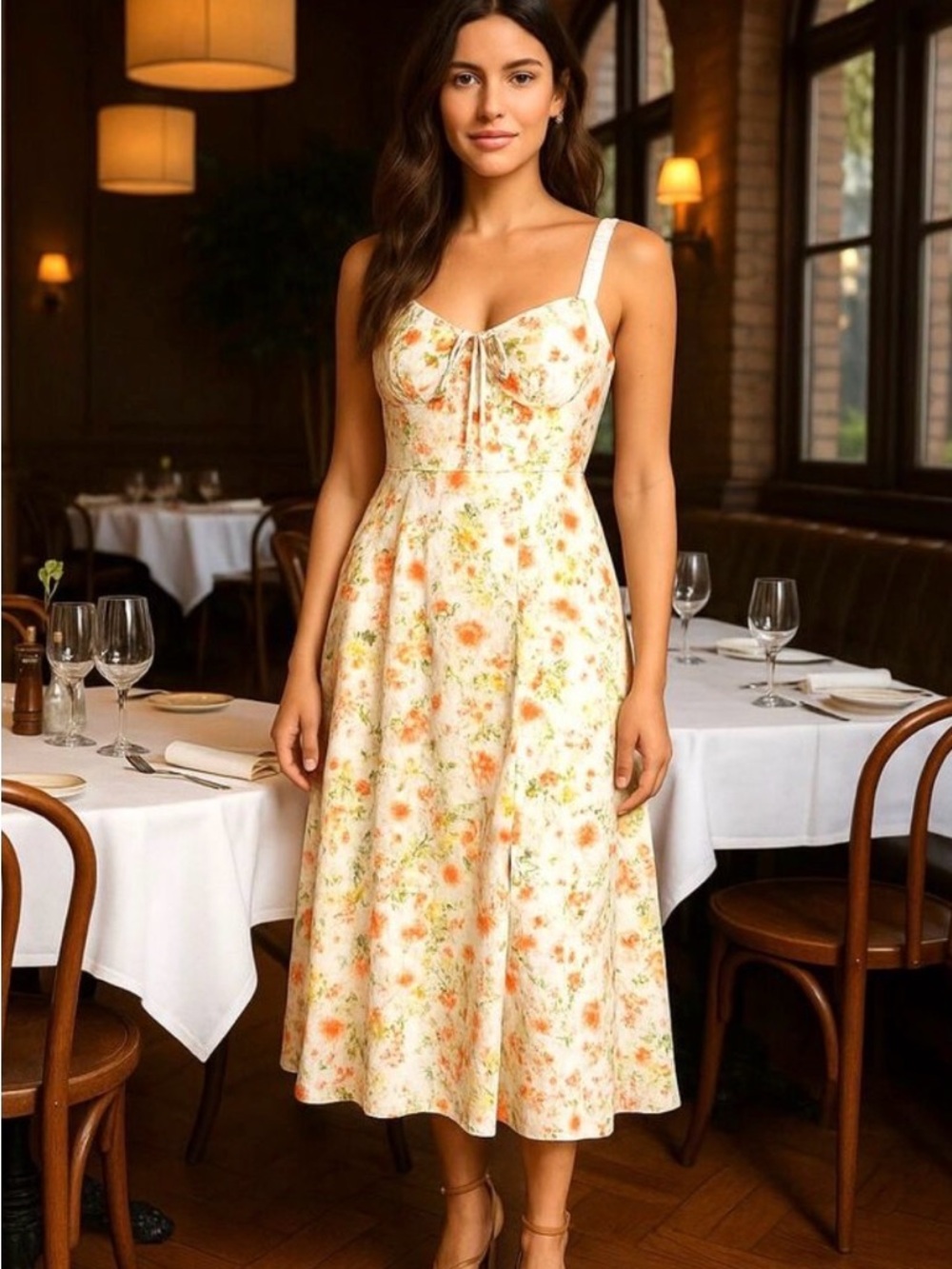 Astr Floral Tie-Front Midi Dress in Cream and Orange